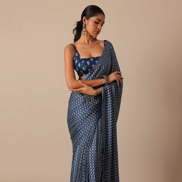 Blue Printed Saree In Satin With Tassel Pallu And Unstitched Blouse Piece