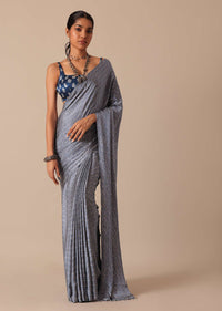 Blue Printed Saree In Satin With Tassel Detail And Unstitched Blouse Fabric