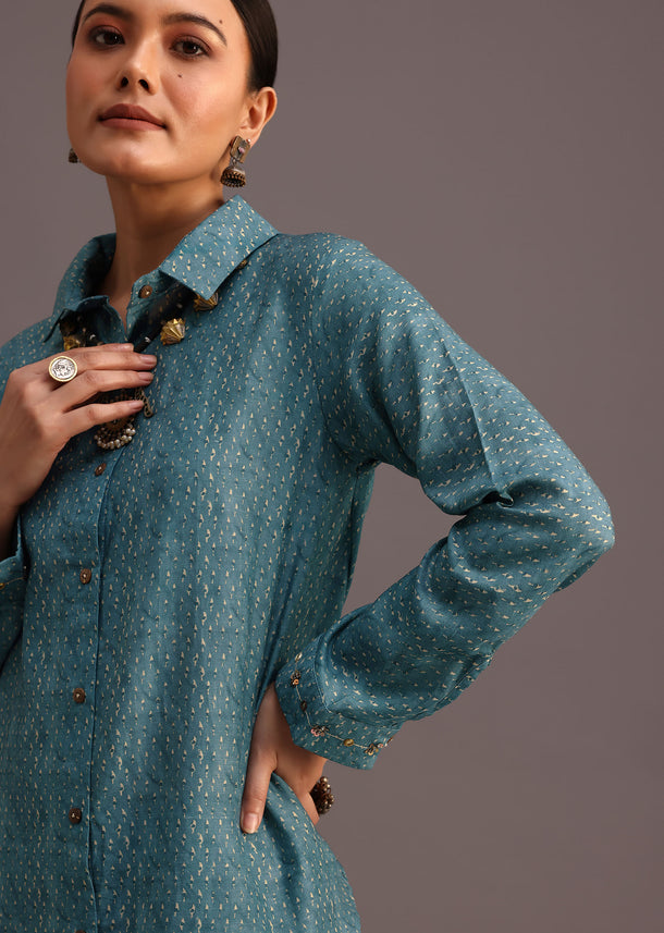 Blue Printed Shirt And Pant With Embroidery