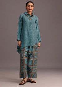 Blue Printed Shirt And Pant With Embroidery