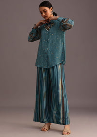 Blue Printed Shirt Palazzo Set With Embroidery