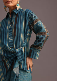 Blue Printed Shirt Salwar Set With Embroidery
