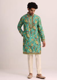 Blue Printed Silk Kurta Set Wth Mirror Work