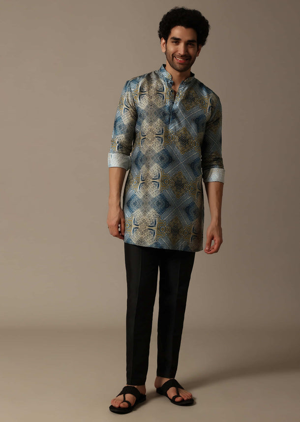 Blue Printed Silk Short Kurta Set For Men