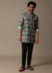 Blue Printed Silk Short Kurta Set For Men