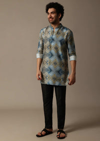 Blue Printed Silk Short Kurta Set For Men