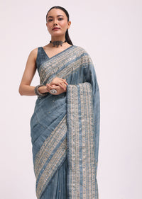 Blue Printed Tussar Silk Embroidered Saree With Unstitched Blouse