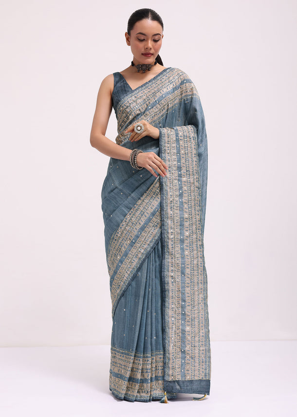 Blue Printed Tussar Silk Embroidered Saree With Unstitched Blouse
