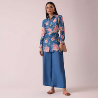 Blue Raw Silk Floral Print Kurta co ord set