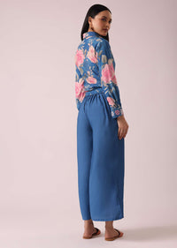 Blue Raw Silk Floral Print Kurta co ord set