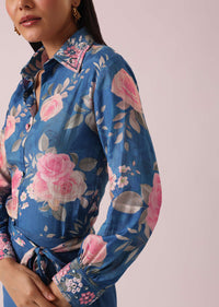 Blue Raw Silk Floral Print Kurta co ord set