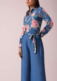 Blue Raw Silk Floral Print Kurta co ord set