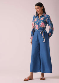 Blue Raw Silk Floral Print Kurta co ord set