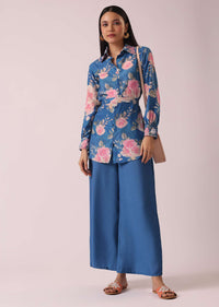Blue Raw Silk Floral Print Kurta co ord set