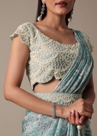 Blue Ready Pleated Muslin Saree With Embellished Blouse