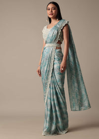 Blue Ready Pleated Muslin Saree With Embellished Blouse