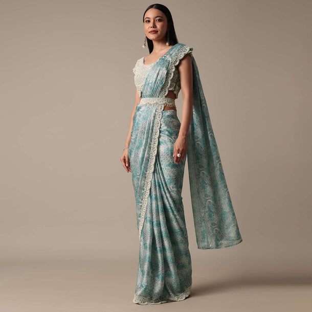 Blue Ready Pleated Muslin Saree With Embellished Blouse