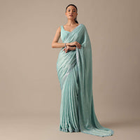 Blue Saree In Foil Georgette With Swarovski Work And Unstitched Blouse Piece