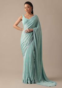 Blue Saree In Foil Georgette With Swarovski Work And Unstitched Blouse Piece