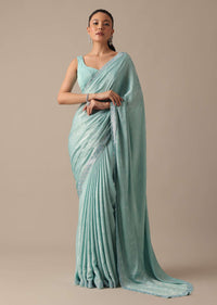 Blue Saree In Foil Georgette With Swarovski Work And Unstitched Blouse Piece