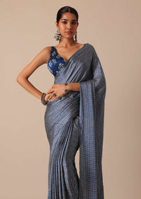 Blue Printed Saree In Satin With Unstitched Blouse Piece