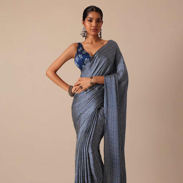 Blue Printed Saree In Satin With Unstitched Blouse Piece