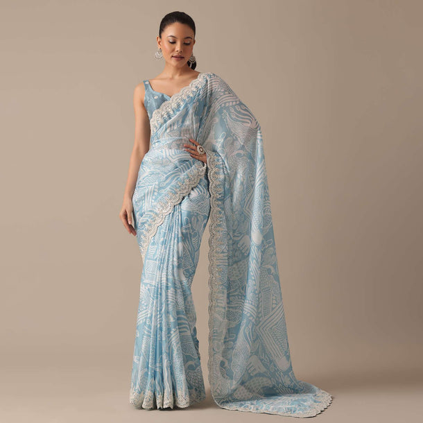 Blue Satin Saree With Printed Detail And Unstitched Blouse Piece