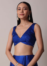 Blue Satin Saree With Stone Embellished Border And Unstitched Blouse Piece