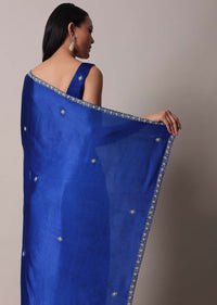 Blue Satin Saree With Stone Embellished Border And Unstitched Blouse Piece