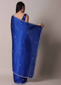 Blue Satin Saree With Stone Embellished Border And Unstitched Blouse Piece