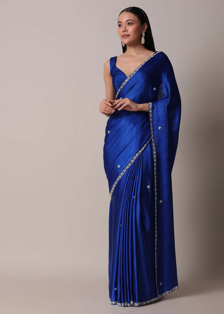 Blue Satin Saree With Stone Embellished Border And Unstitched Blouse Piece