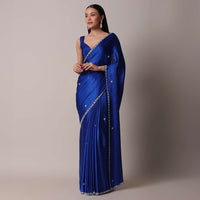 Blue Satin Saree With Stone Embellished Border And Unstitched Blouse Piece