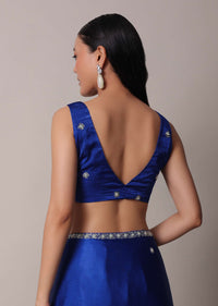 Blue Satin Saree With Stone Embellished Border And Unstitched Blouse Piece