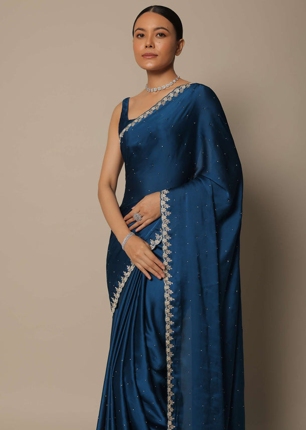 Blue Satin Saree With Stone Studded Border And Unstitched Blouse Piece