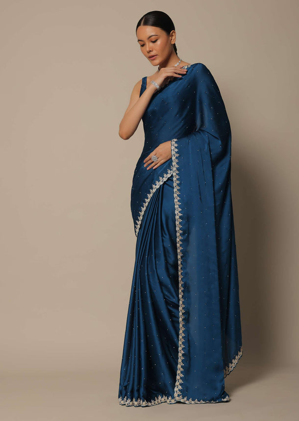 Blue Satin Saree With Stone Studded Border And Unstitched Blouse Piece