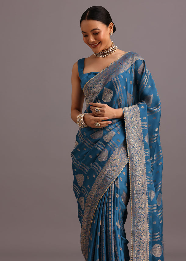 Blue Satin Silk Zari Woven Saree With Brocade Border
