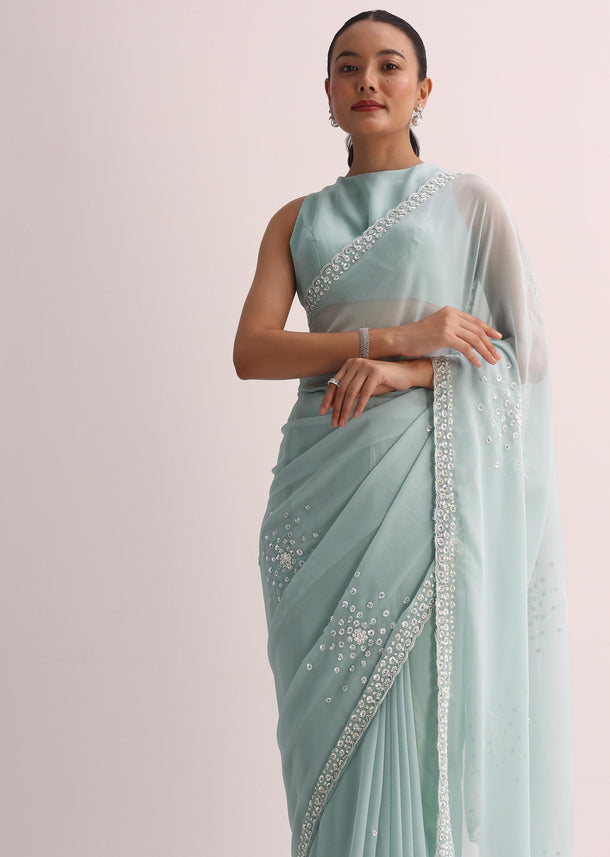 Blue Sequin Saree With Unstitched Blouse