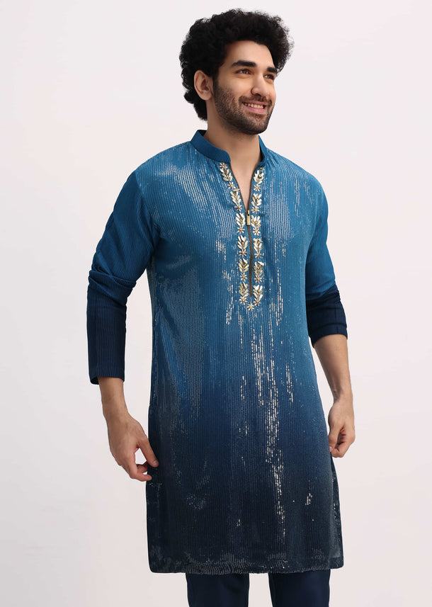 Blue Shaded Sequin Zipper Kurta With Navy Blue Pants