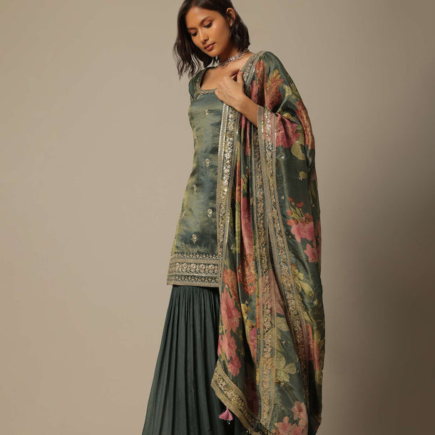 Green Sharara Set In Chiffon With Sequin Embroidery