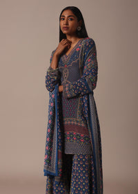 Blue Sharara Set With Printed And Stone Embellished Kurta