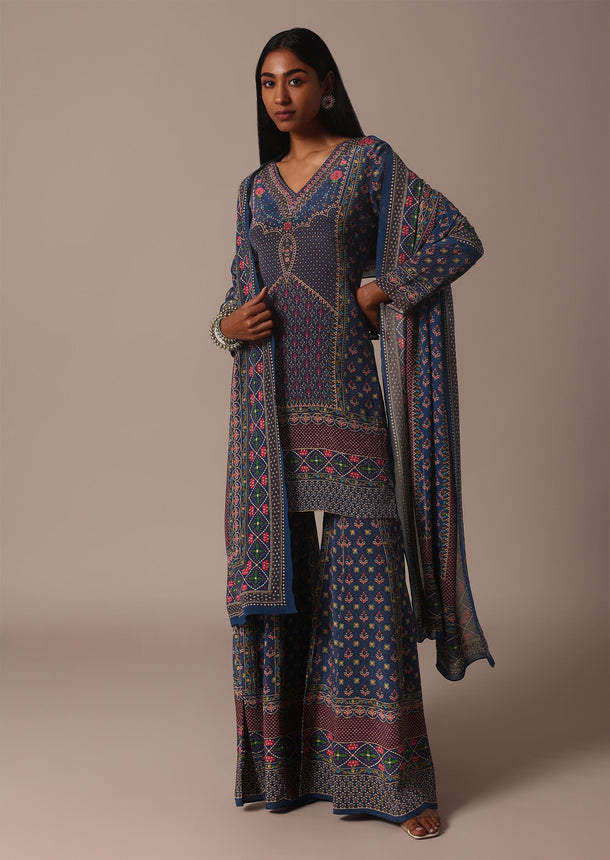 Blue Sharara Set With Printed And Stone Embellished Kurta