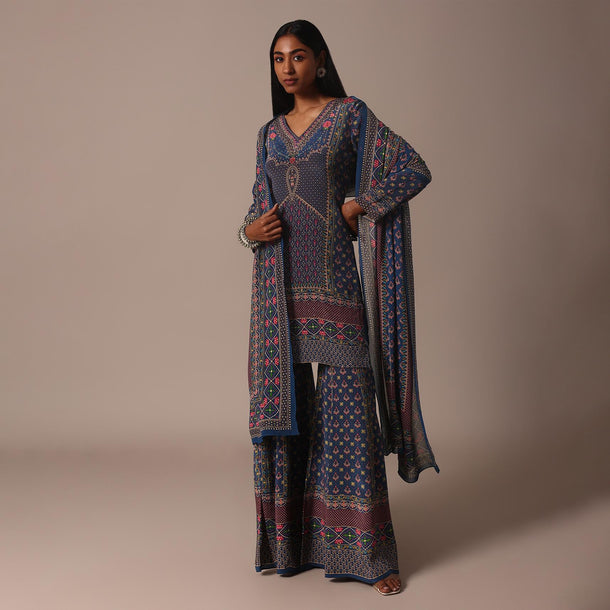 Blue Sharara Set With Printed And Stone Embellished Kurta