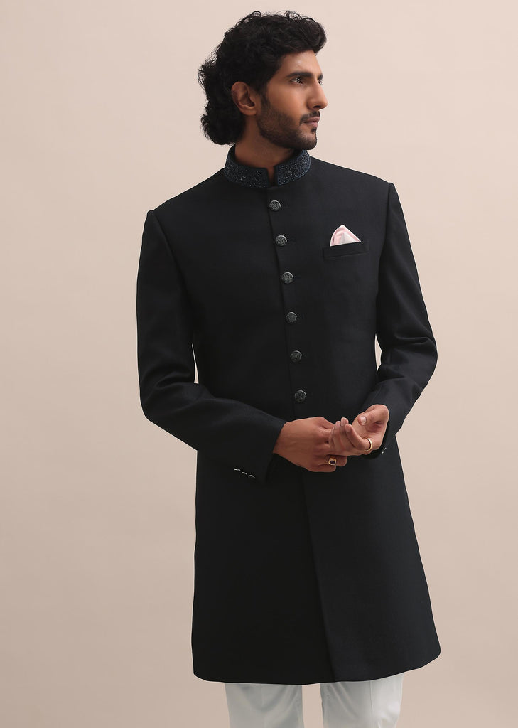 Blue Sherwani With Intricate Embroidered Collar For Men