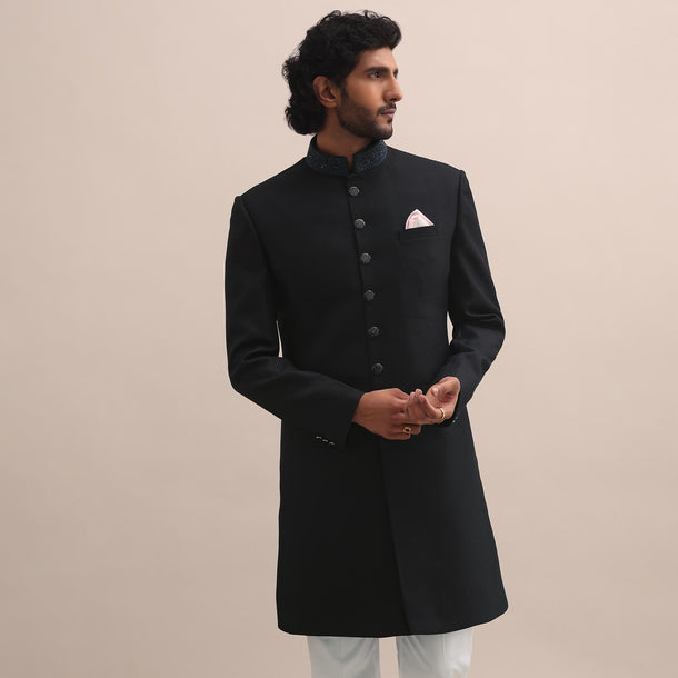 Blue Sherwani With Intricate Embroidered Collar For Men