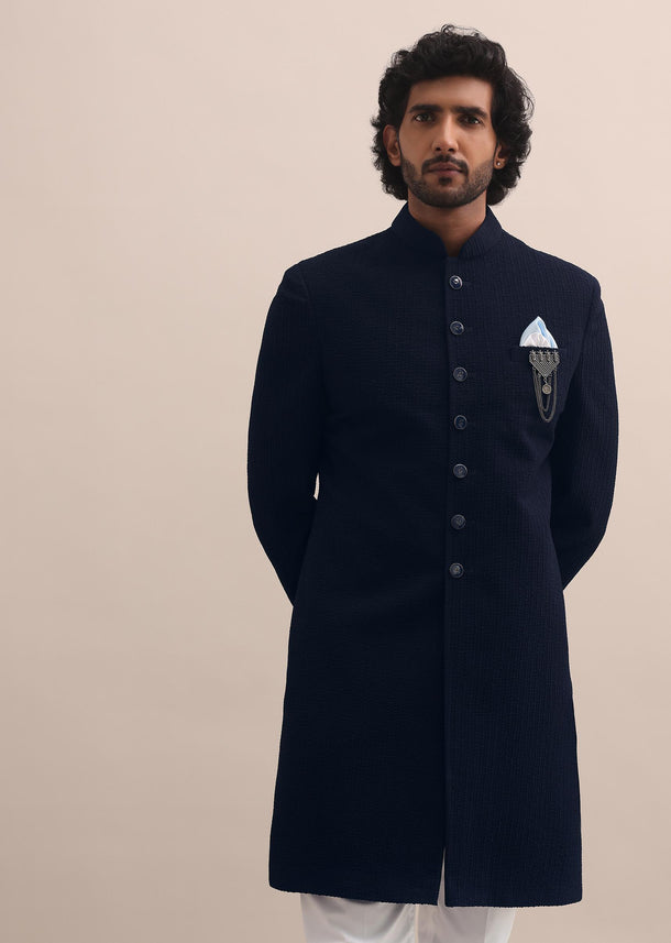 Blue Sherwani With Moti Embroidered Collar For Men
