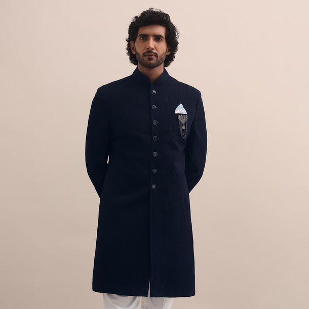 Blue Sherwani With Moti Embroidered Collar For Men