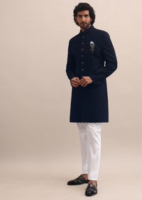 Blue Sherwani With Moti Embroidered Collar For Men