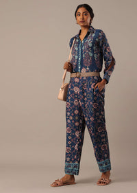 Blue Shirt Kurta And Pant Set With Printed Motifs