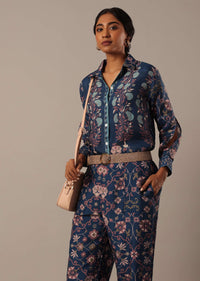 Blue Shirt Kurta And Pant Set With Printed Motifs