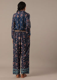 Blue Shirt Kurta And Pant Set With Printed Motifs